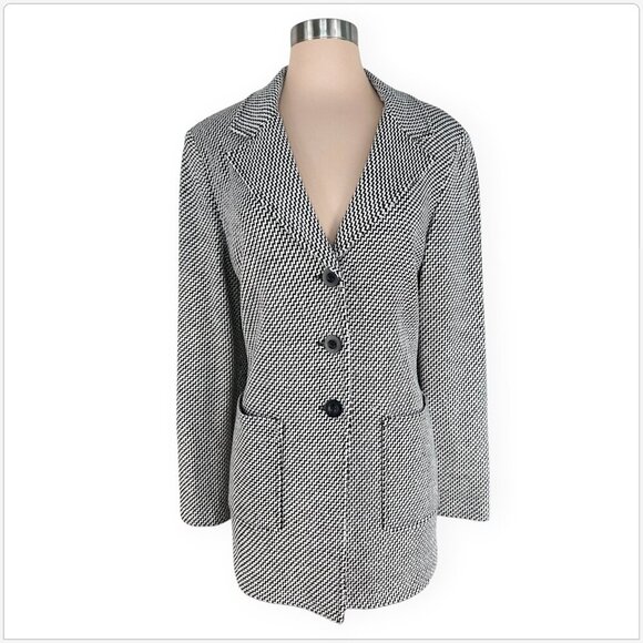 St. John Black Ivory White Chevron Zig Zag Pattern Stretch Knit Blazer Jacket 12 - Picture 1 of 3